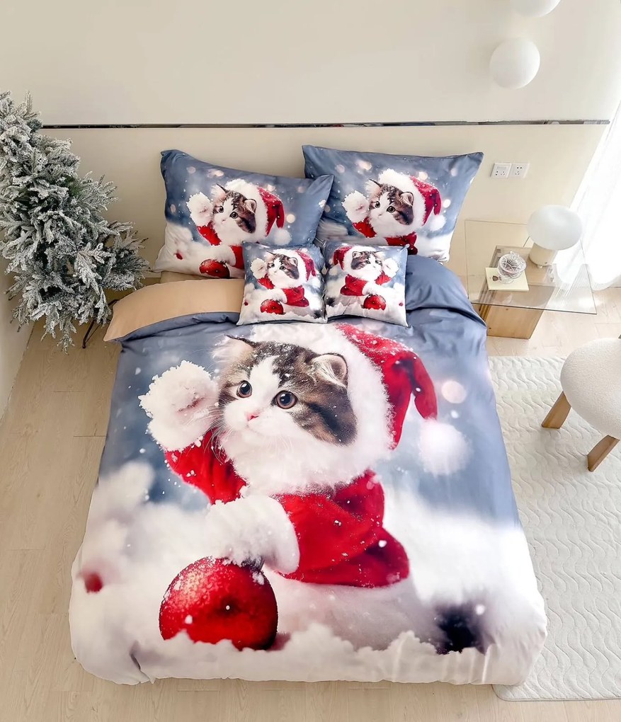 3 dielne 3D obliečky Polycotton Vianočné Cat 200x140cm+90x70cm TiaHome