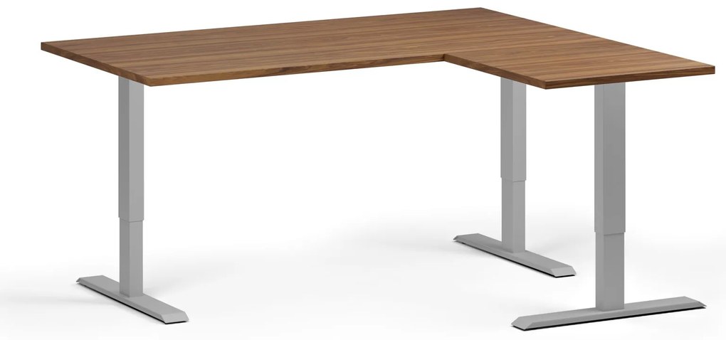 Výškovo nastaviteľný stôl, 160x140 cm, 3 motory, L/P, sivá podnož, orech