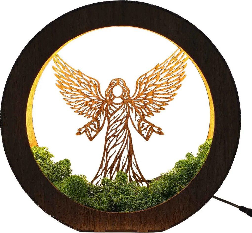 Drevená LED lampa Anjel svetla s machom | MICHAEL: HDF - Orech 20 cm 4778-115060 LED0606