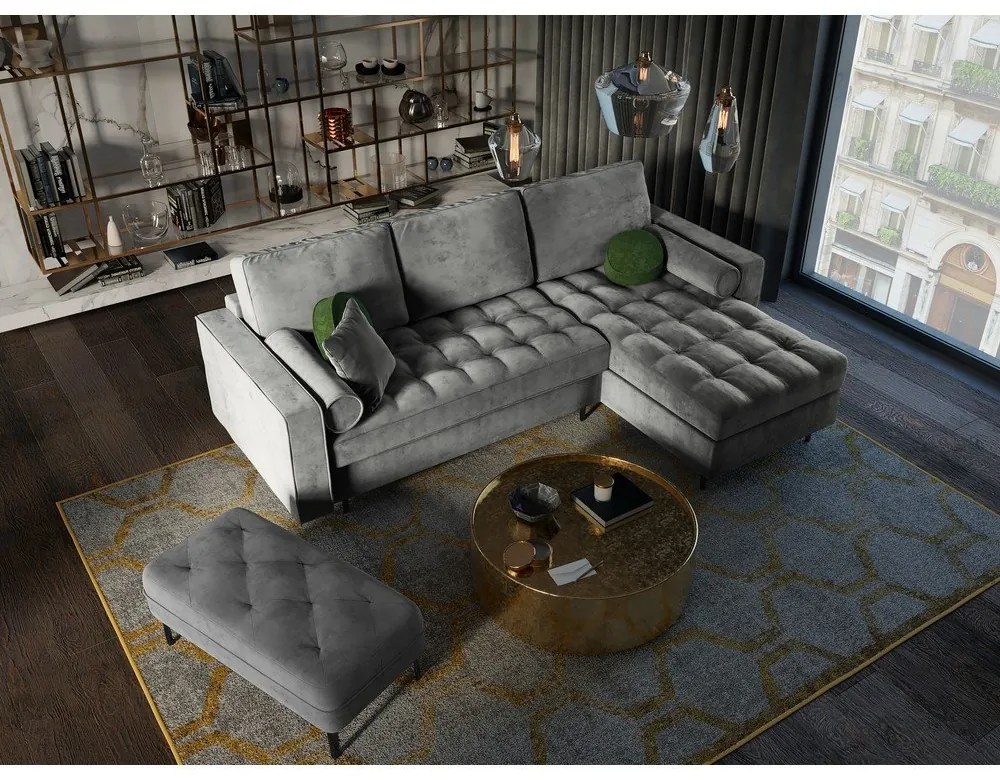 Svetlosivá zamatová rozkladacia rohová pohovka Milo Casa Santo, pravý roh