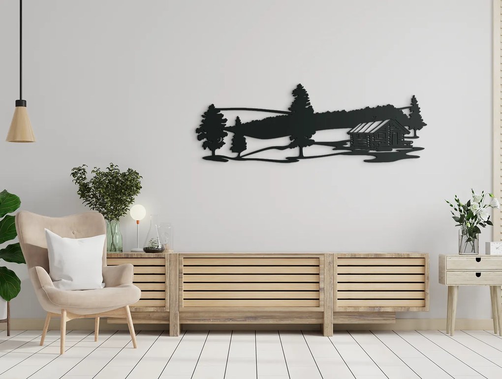 drevko Ľudový drevený obraz Chata v lese Rozmer obrazu: 15 x 44,5 cm, Farba dekorácie: Čierna