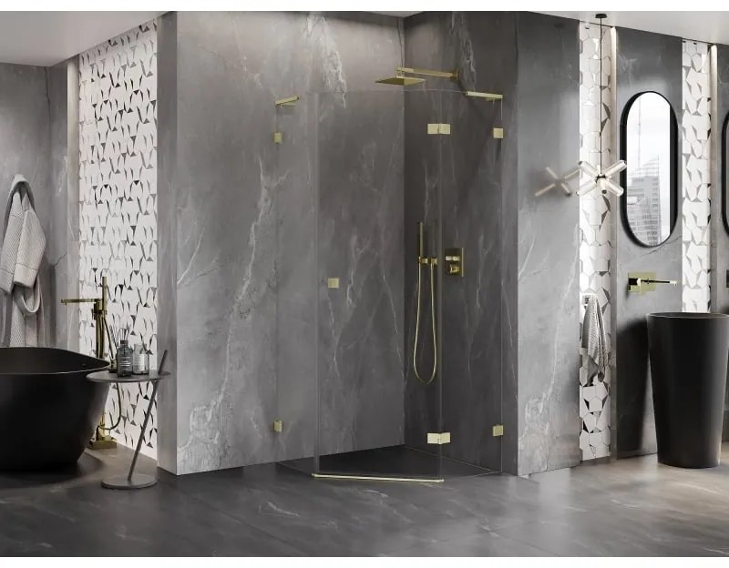 Mexen Lunar, L päťuholníkový sprchový kút s pravým sklonom 90 x 90 cm, 8mm číre sklo, zlatý matný profil, 831L-090P-090L-55-00-P