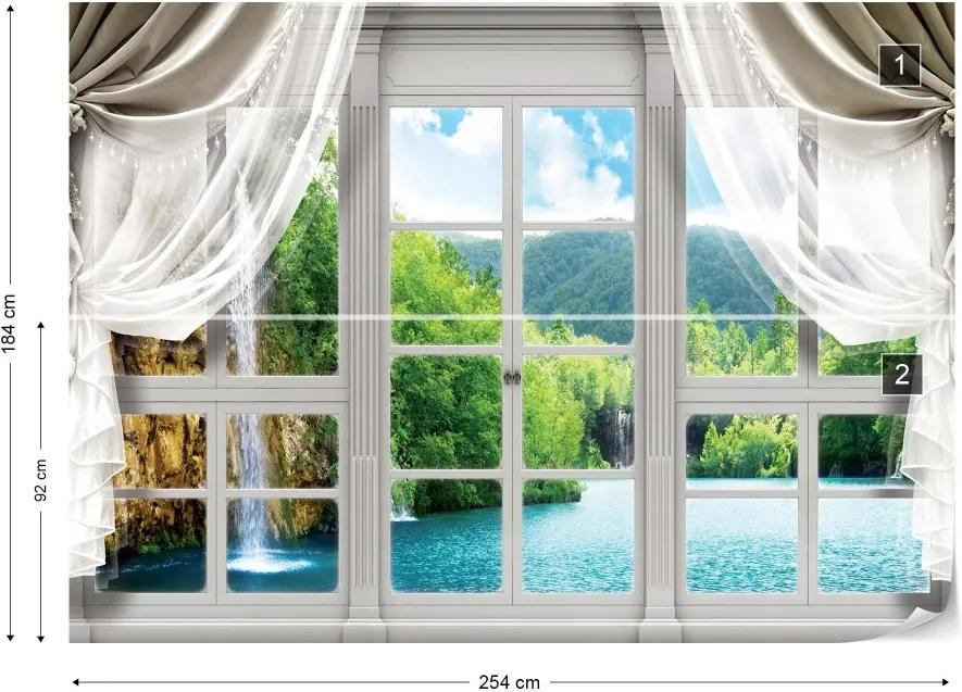 GLIX Fototapeta - 3D Door View Waterfall Lake Forest Vliesová tapeta  - 254x184 cm