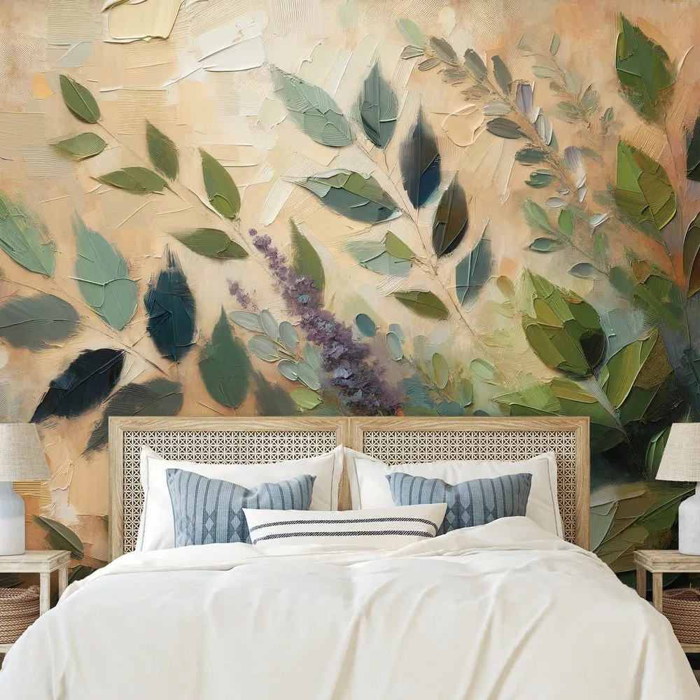 Samolepiaca tapeta maľované zelené listy na béžovom pozadí