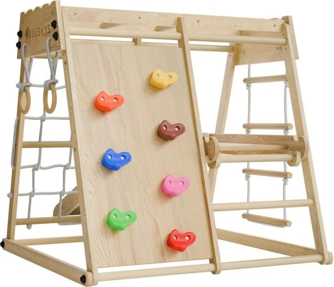 Detské vnútorné drevené ihrisko so šmykľavkou, lezeckou sten