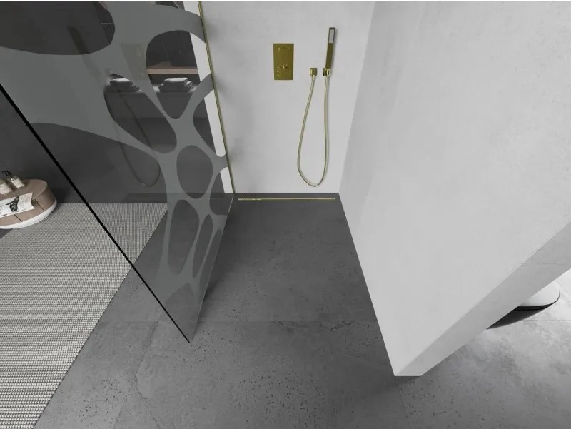 Mexen Kioto, sprchová zástena Walk-In 140 x 200 cm, 8mm číre sklo biely vzor, zlatý matný profil, 800-140-101-55-97