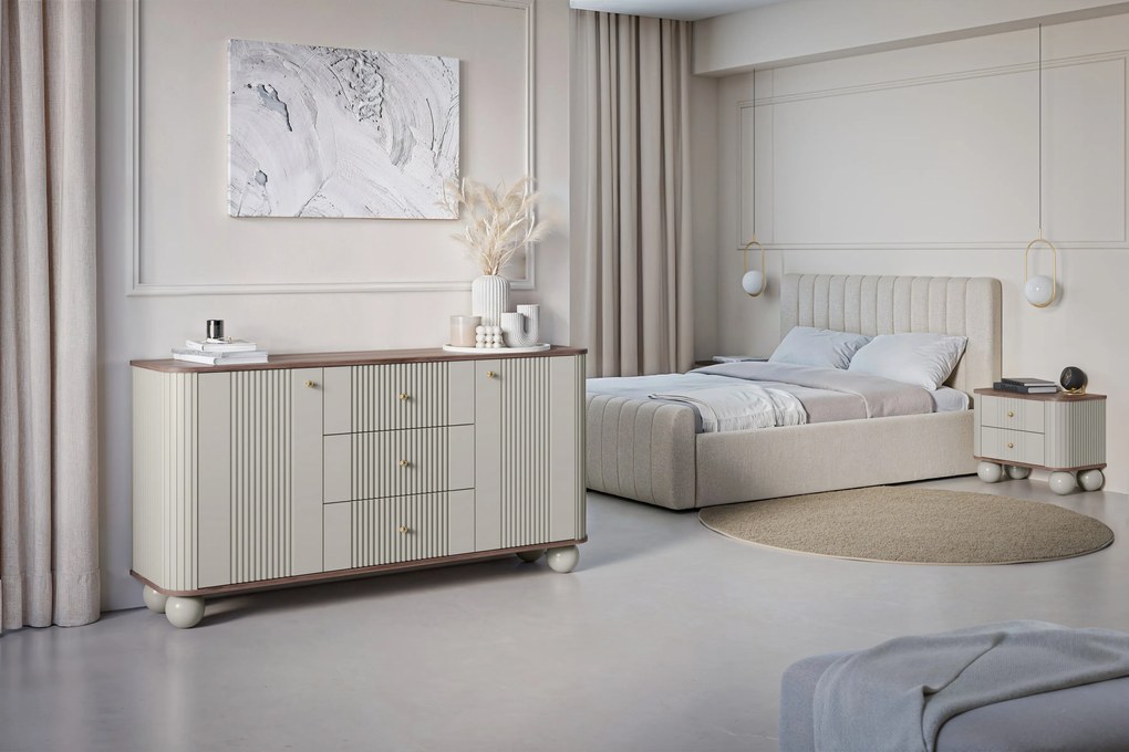 Komoda Vesper 160 cm so zásuvkami na guľatých nohách - kašmír / orech / zlaté úchytky