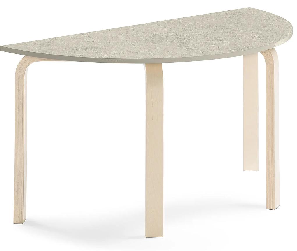 Stôl ELTON, polkruh, 1200x600x640 mm, linoleum - šedá, breza