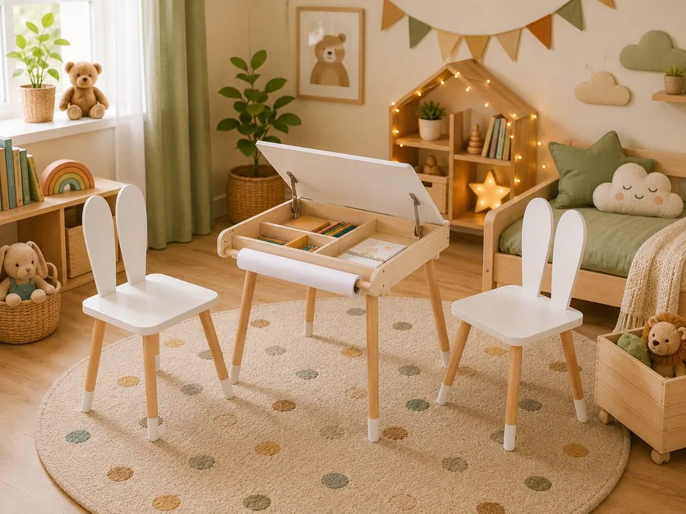 Detský rastúci set BUNNY, stolík a 2 stoličky, biela/hnedá ELIS design