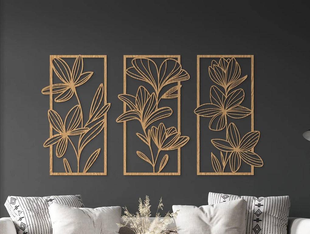 drevko 3-dielny drevený obraz Veľké kvety Rozmer obrazu: 44,5 x 82 cm, Farba dekorácie: Čierna