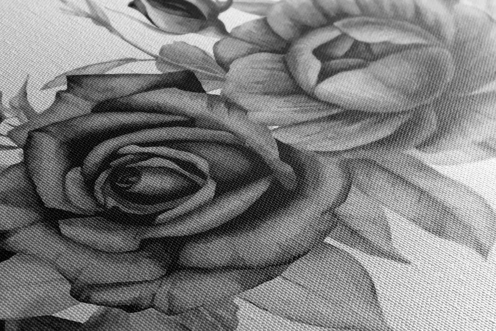 Obraz nežné splynutie ruží a listov v čiernobielom prevedení