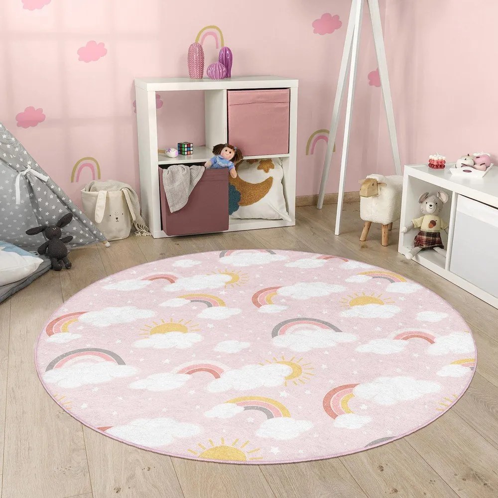 Ružový prateľný detský koberec ø150 cm Rainbow World – Mila Home