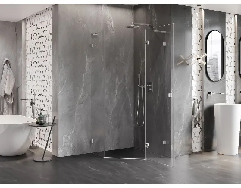 Mexen Lunar, L pravý výklopný päťuholníkový sprchový kút 80 x 80 cm, 8mm číre sklo, chrómový profil, 831L-080P-080L-01-00-P