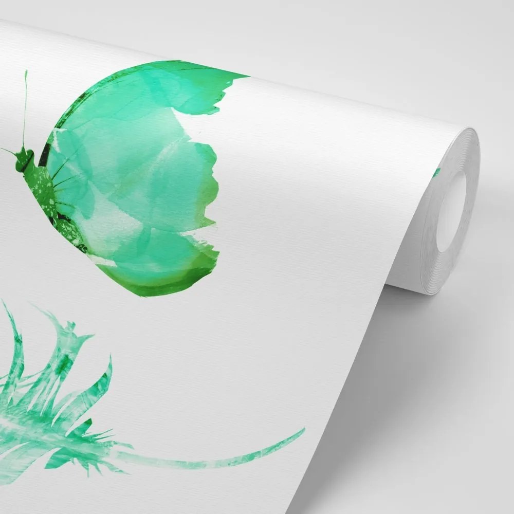Samolepiaca tapeta pierko s motýľom v zelenom prevedení - 150x100