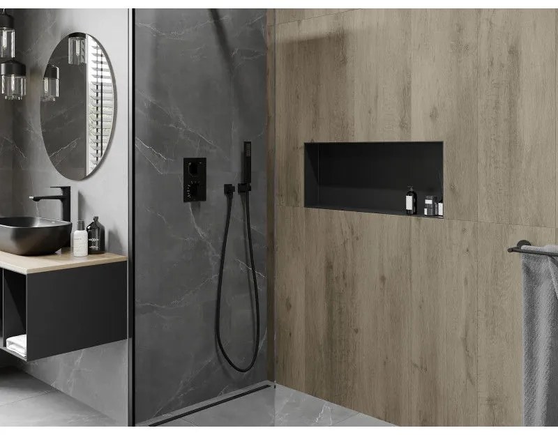 Mexen X-Wall-NR, polička na zapustenie pod obklad bez goliera 75 x 30 cm, čierna matná, 1971753010