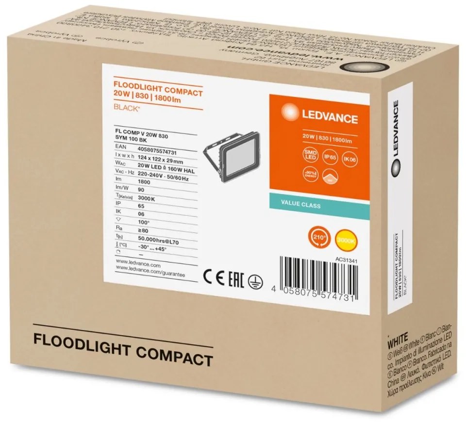 LED reflektor 20W 1800lm 3000K IP65 čierny LEDVANCE COMPACT V