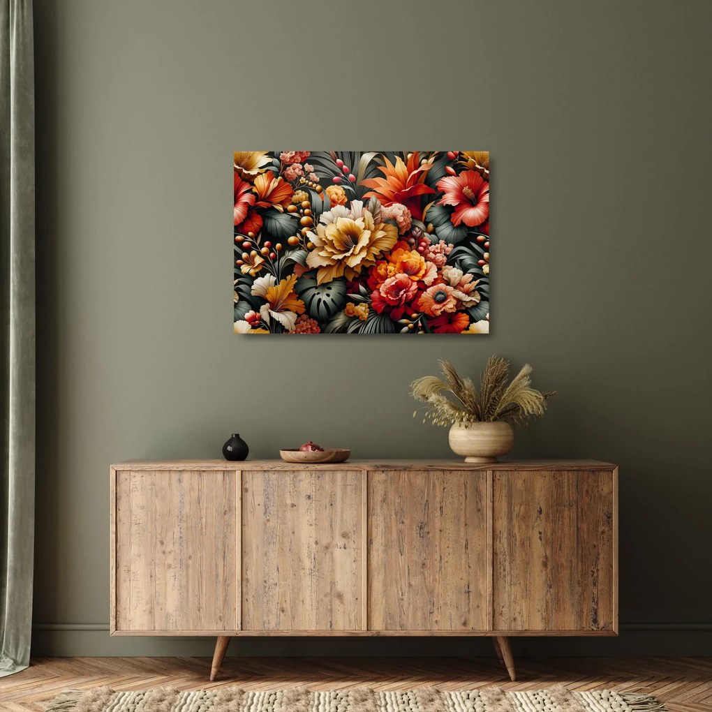 Sklenený obraz - Oranžovo-červené kvety (70x50 cm)