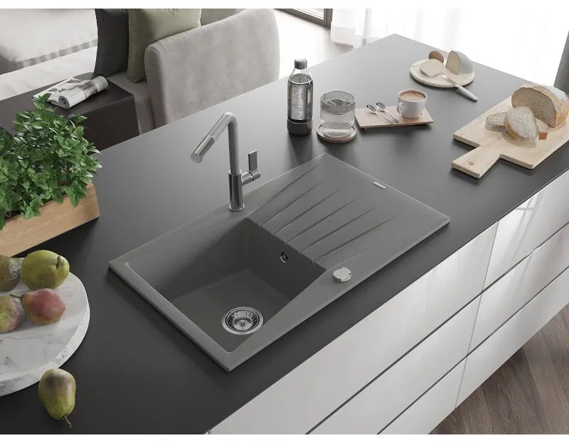 Mexen Cesar, 1-komorový granitový drez 775x470x190 mm a drezová batéria Flora, šedá, 6514-71-670401-06