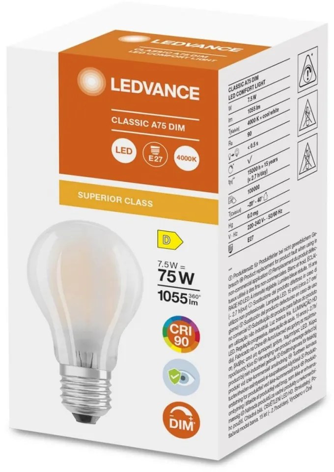 LED žiarovka E27 A60 7,5W = 75W 1055lm 4000K Neutrálna 300° CRI90 Vlákno Mliečna Stmievateľná LEDVANCE Superior