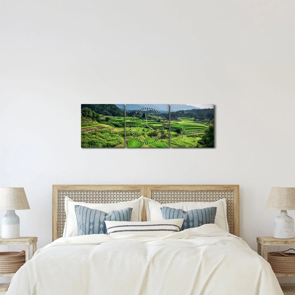 Obraz ryžových polí (s hodinami) (90x30 cm)