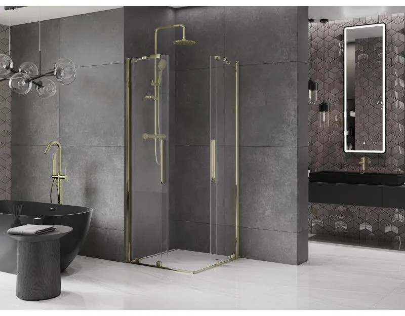 Mexen Velar Duo, sprchový kút s posuvnými dverami 80(dvere) x 80(dvere) cm, 8mm číre sklo, zlatý lesklý profil, 871-080-080-02-50