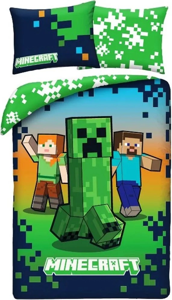 Obojstranné posteľné obliečky z mikrovlákna Minecraft - motív Steve, Alex &amp; Creeper - 70x90 cm + 140x200 cm
