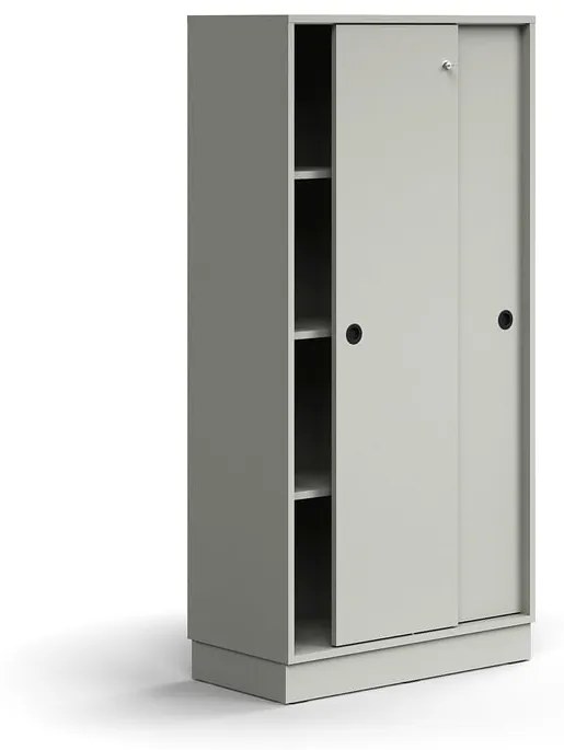 Skriňa s posuvnými dverami QBUS, 3 police, so soklom, s madlom, 1636x800x400 mm, svetlošedá