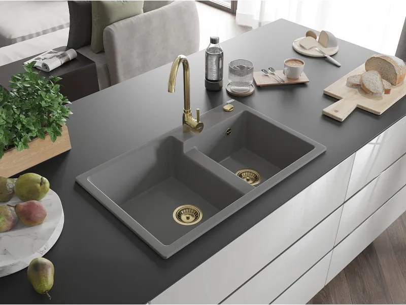 Mexen Tomas, granitový drez 800x500x190 mm, 2-komorový, šedá so zlatým sifónom, 6516802000-71-G