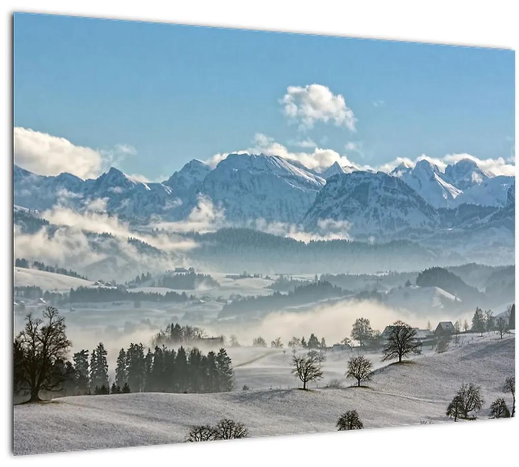 Sklenený obraz zasnežených hôr (70x50 cm)