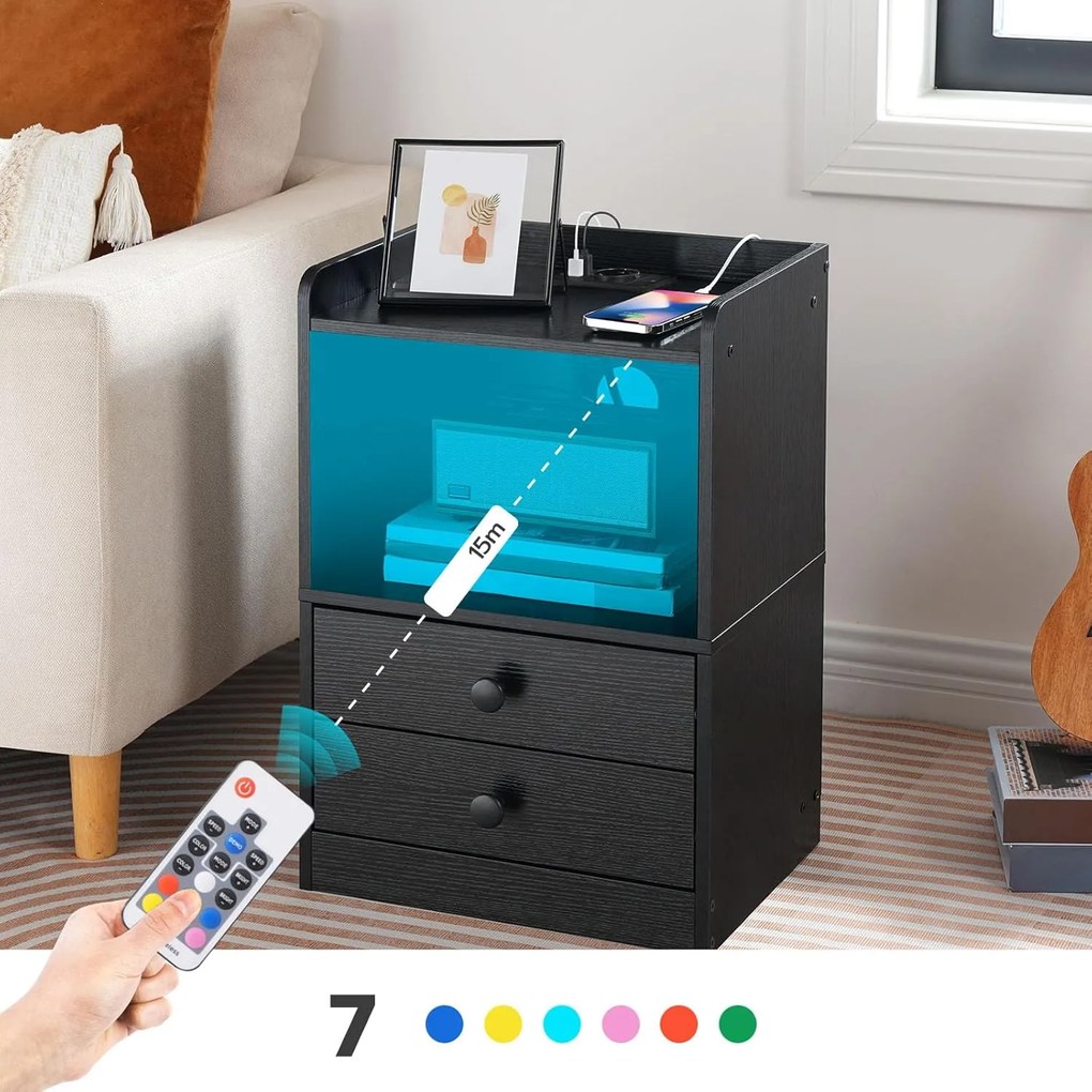 Nočný stolík Silven 38 cm s LED osvetlením a nabíjacou stanicou čierny