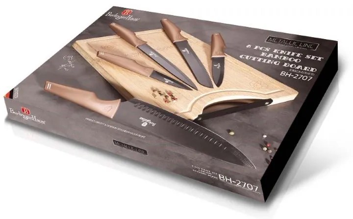 BERLINGERHAUS BH-2707 sada kuchynských nožov s doskou na krájanie 6 dielna Rose Gold