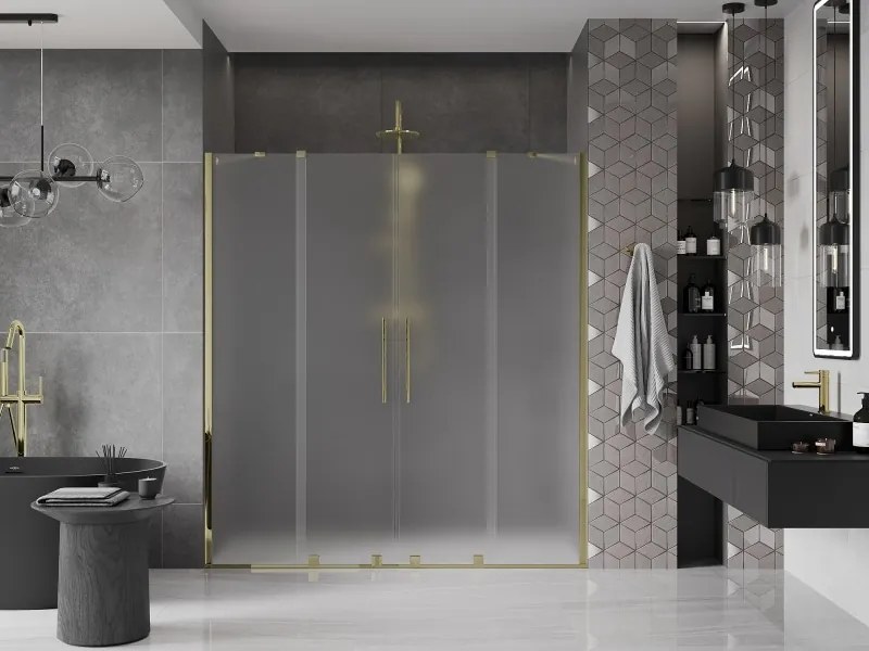Mexen Velar Duo, posuvné sprchové dvere do otvoru 200 cm, 8mm sklo námraza, zlatá lesklá, 871-200-000-32-50