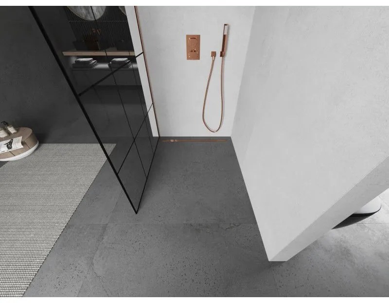 Mexen Kioto, sprchová zástena Walk-In 120 x 200 cm, 8mm číre sklo čierny vzor, medený matný profil, 800-120-101-65-77