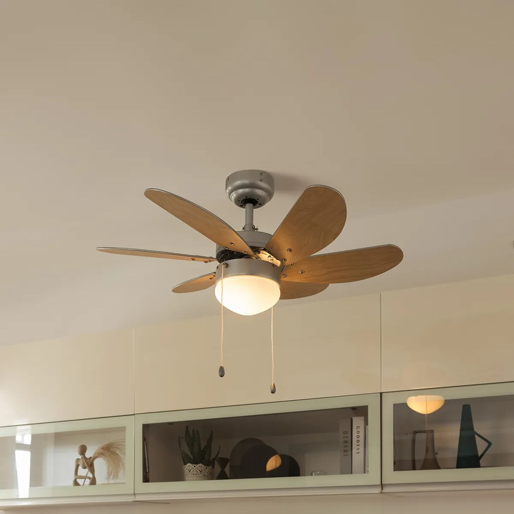 Stropný ventilátor oceľový s povrchovou úpravou imitujúcou drevo 80 cm s ťahovým spínačom - Fresh