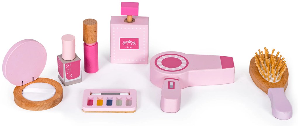 ECOTOYS Detská drevená toaletka so zrkadlom, stoličkou a 7 doplnkami