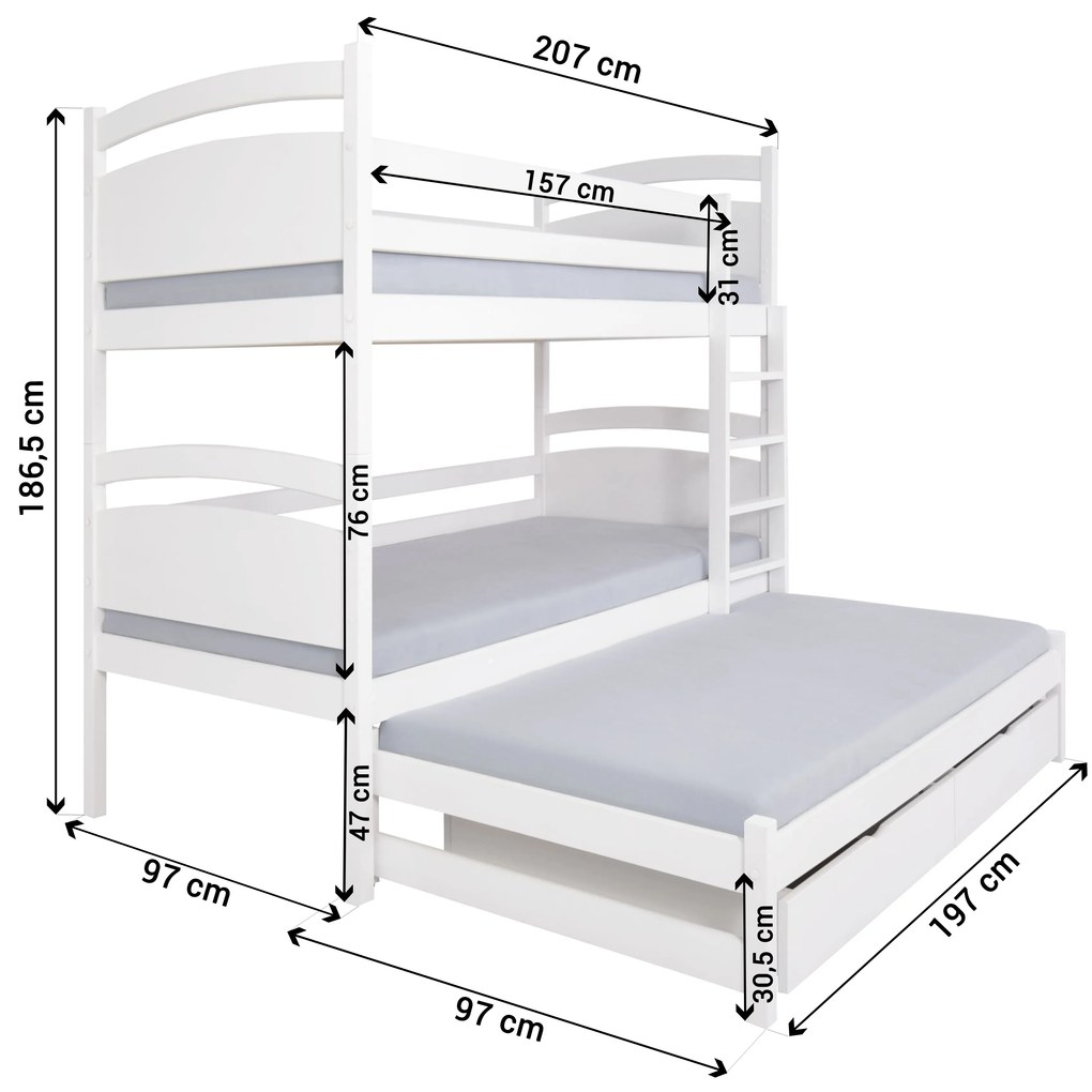 Wilsondo Poschodová posteľ s prístelkou Petra 2 90x200 - biela
