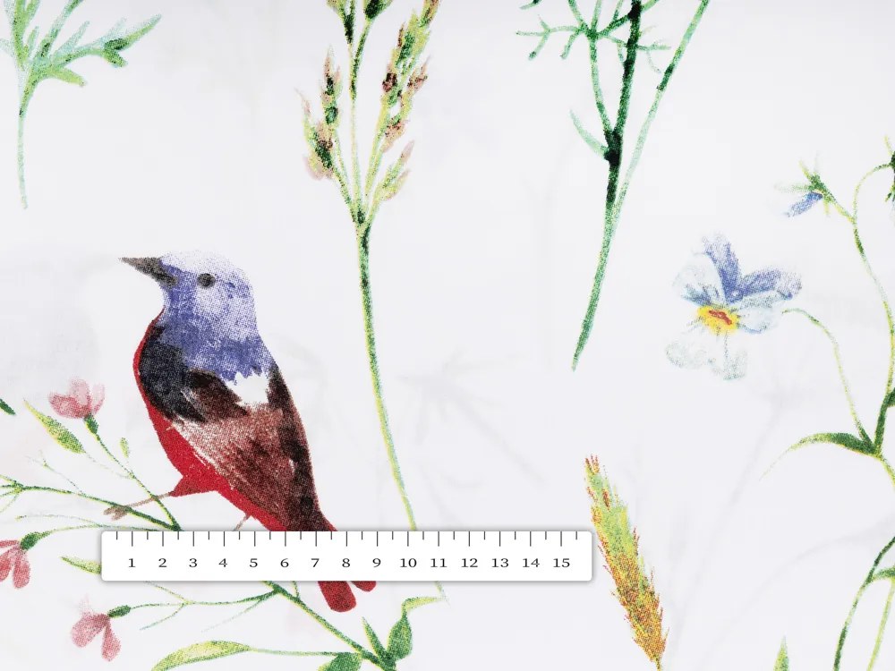 Biante Bavlnený okrúhly obrus Sandra SA-392 Lúčne kvietky s vtáčikmi Ø 140 cm