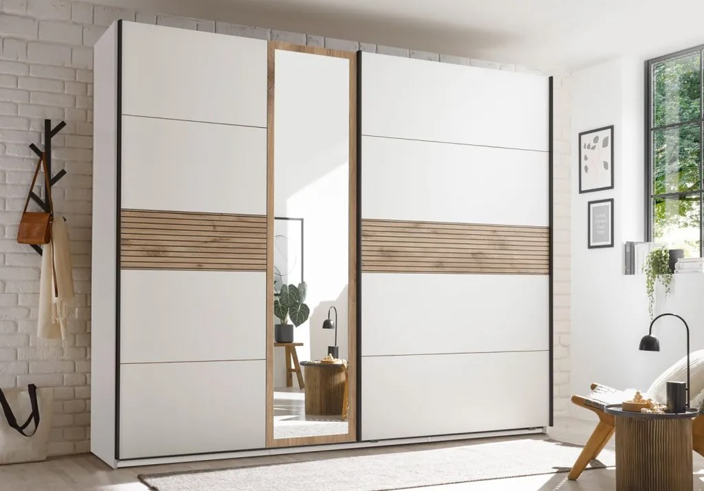 Šatníková skriňa so zrkadlom Daria, 270 cm, dub/biela