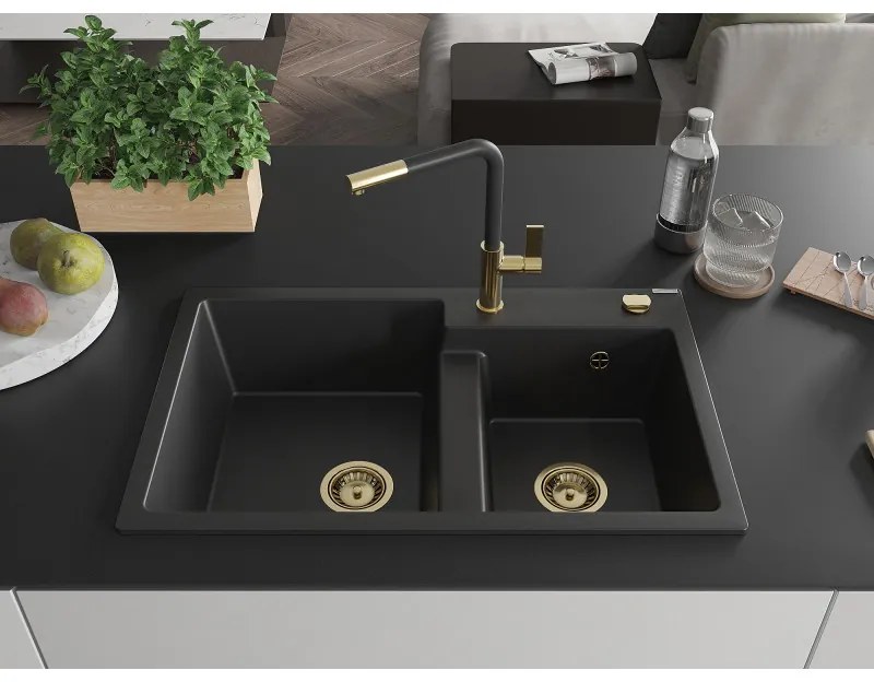 Mexen Tomas, 2-komorový granitový drez 800x500x190 mm a drezová batéria Flora, čierna, 6516-77-670401-57-G