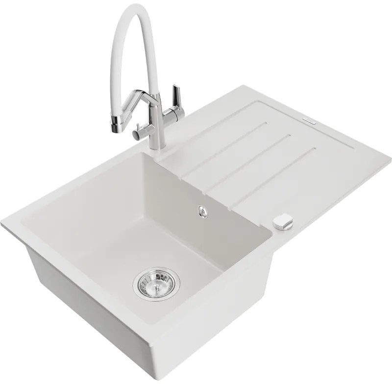 Mexen Bruno, 1-komorový granitový drez 795x495x200 mm a drezová batéria Duo, biela, 6513-20-671701-02