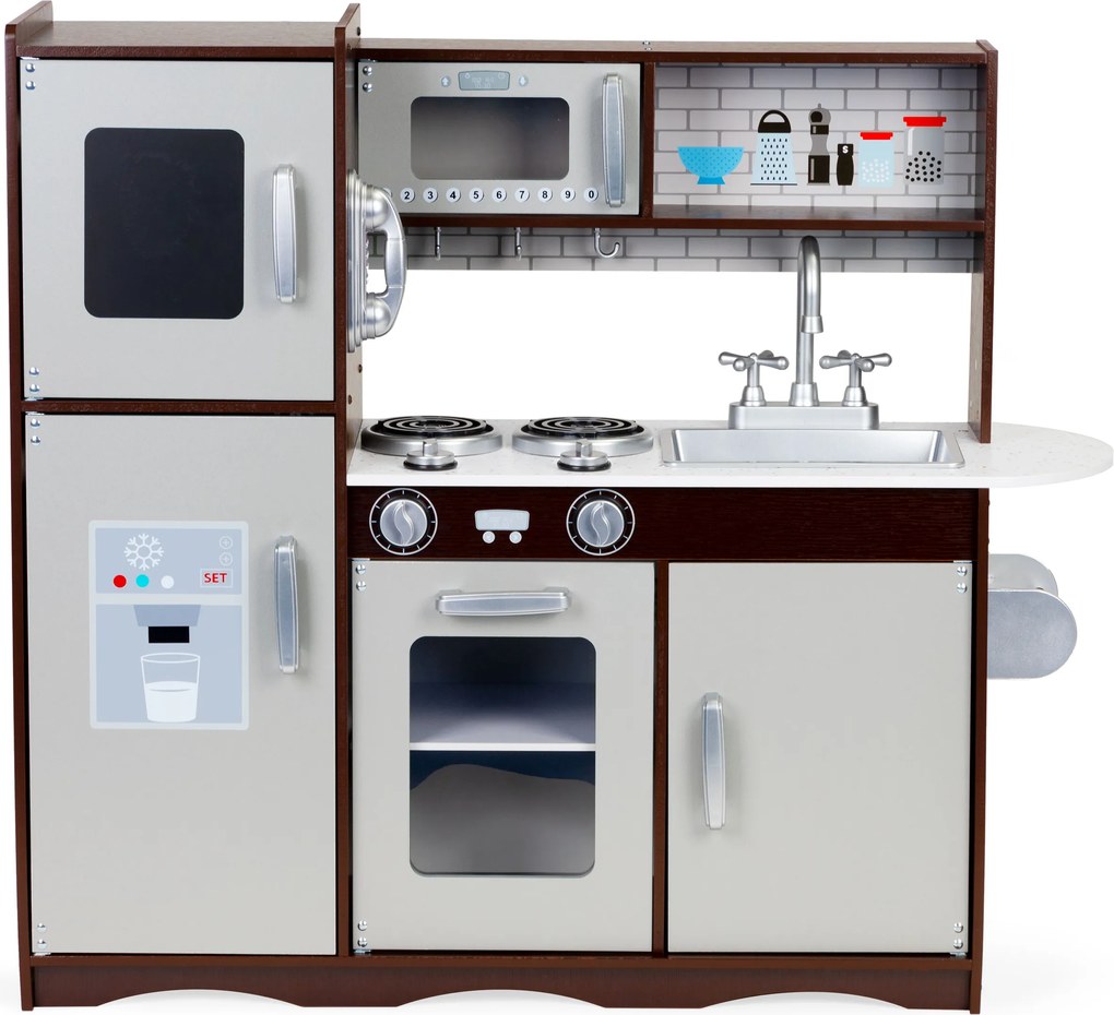 Veľká drevená detská kuchynka ECOTOYS s rúrou, mikrovlnkou a otváracou chladničkou