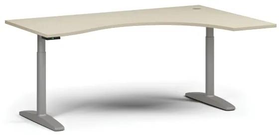 Výškovo nastaviteľný stôl OBOL, elektrický, 675-1325 mm, ergonomický pravý, doska 1800x1200 mm, sivá zaoblená podnož, breza