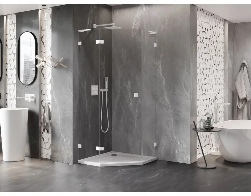 Mexen Lunar, L päťuholníkový sprchový kút naklápací doľava 90 x 90 cm, 8mm číre sklo, biely profil, 831L-090L-090P-20-00-L