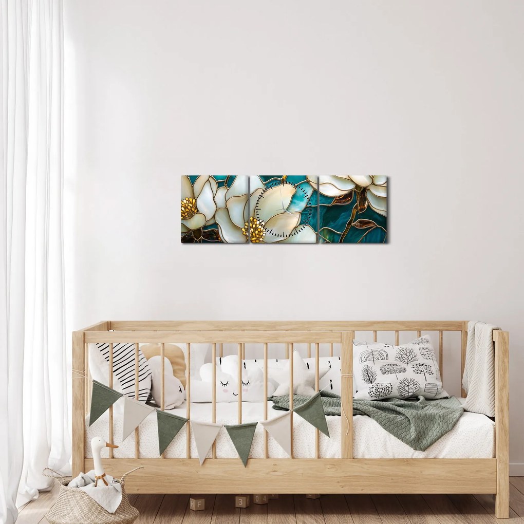 Obraz - Vitráž s magnóliou (s hodinami) (90x30 cm)