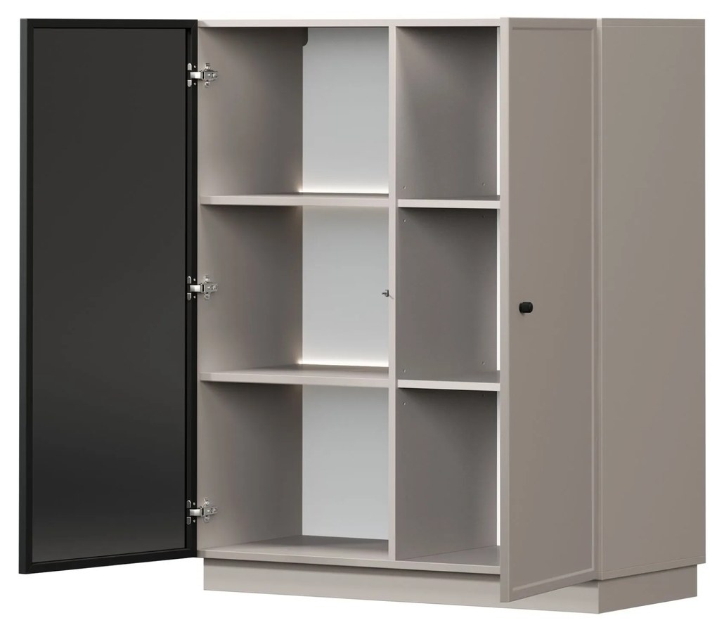 Vitrína Lorini 100 cm dvojdverová na sokli - kašmír / čierna úchytka