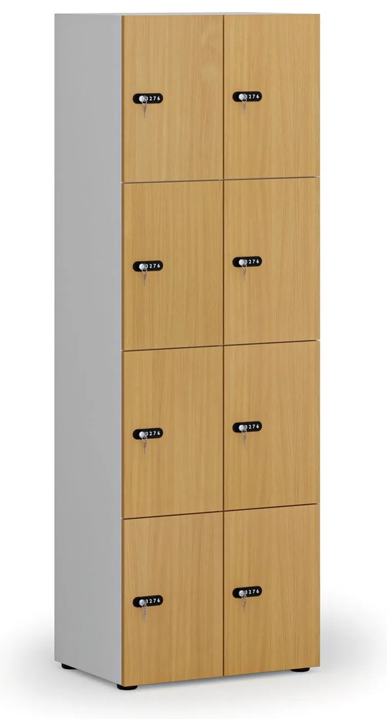 Drevená šatníková skrinka s úložnými boxmi, 8 boxov, mechanický kódový zámok, sivá/buk