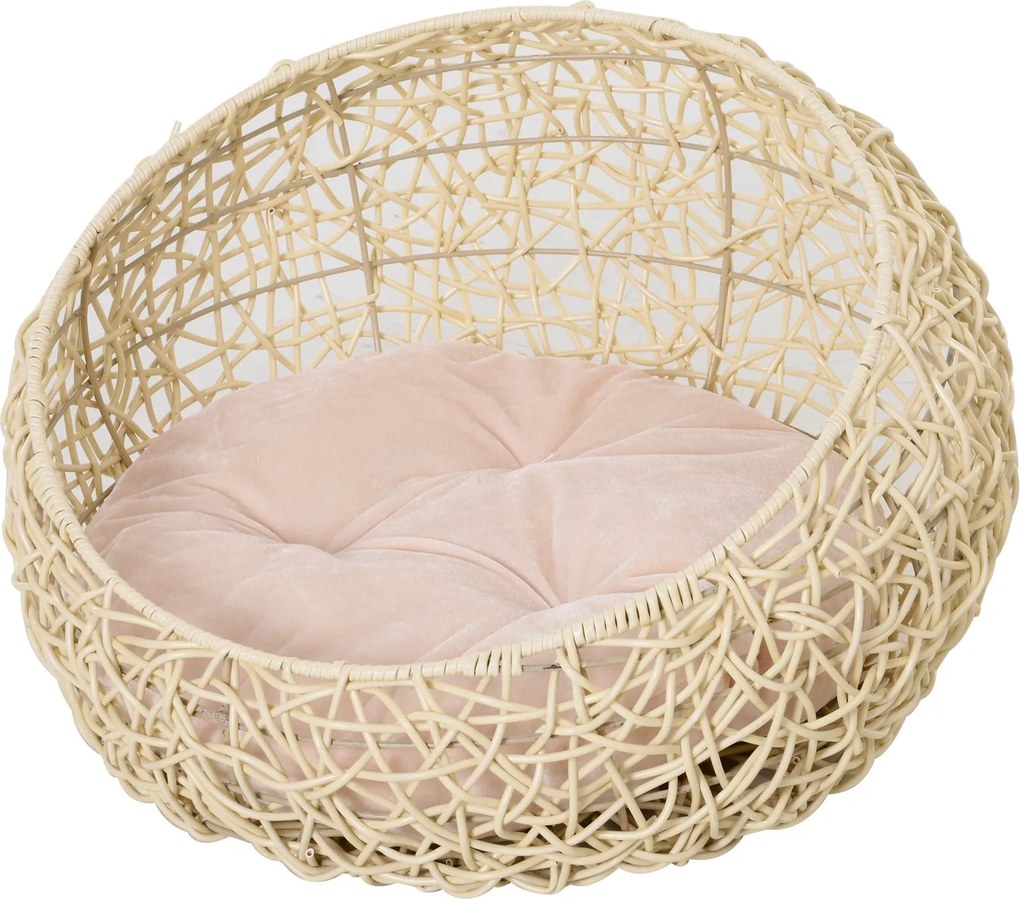 PawHut mačacia postel z ratanovej jaskyne s vankúšom – béžová Ø56 x 35 cm | Aosom