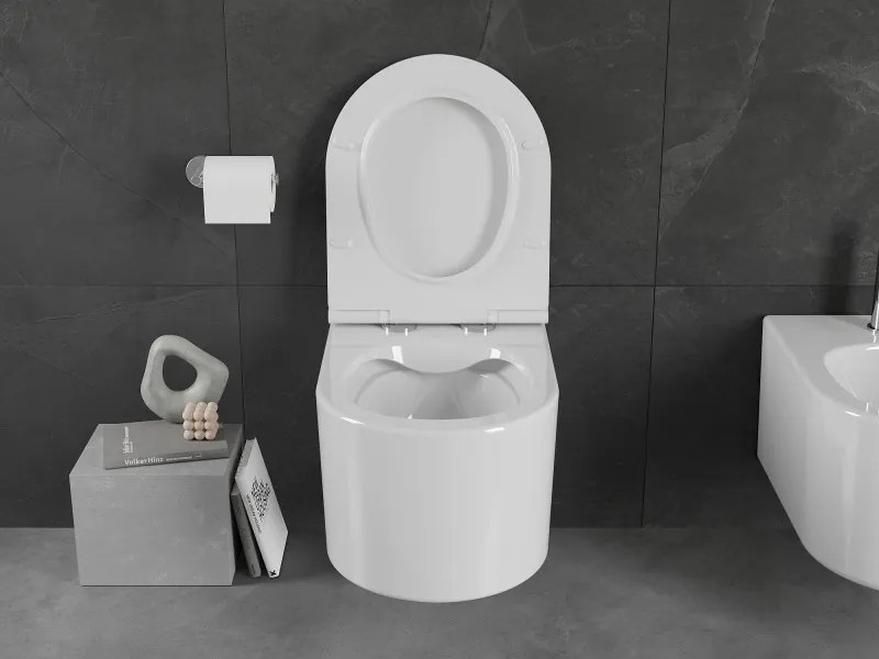 Mexen Sofia, závesná WC misa 490x360x355 mm, Rimless Tornádo + toaletné WC sedadlo z duroplastu, biela lesklá, 30540500