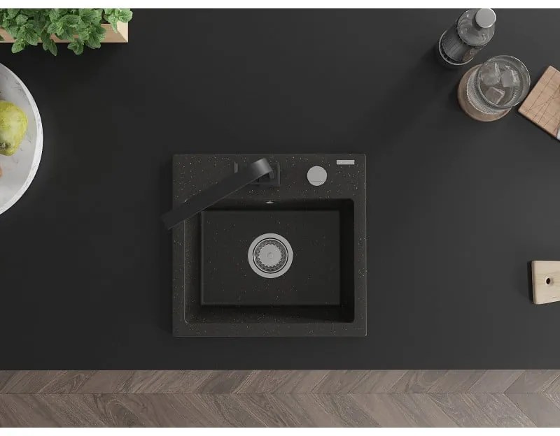 Mexen Milo, 1-komorový granitový drez 435x410x171 mm a čierna batéria Rita, čierna-zlatá metalíza, 6505-75-670300-70
