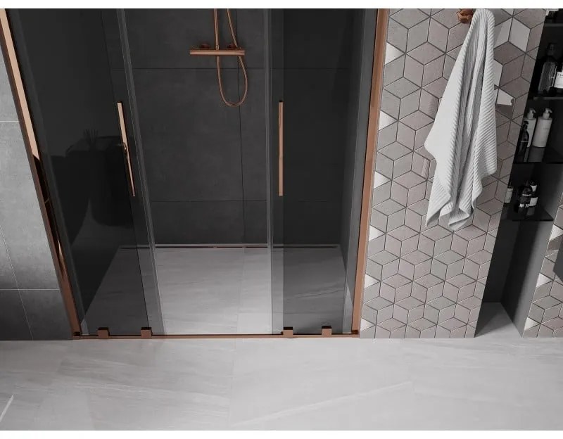 Mexen Velar Duo, posuvné sprchové dvere do otvoru 150 cm, 8mm šedé sklo, ružové zlato, 871-150-000-42-60